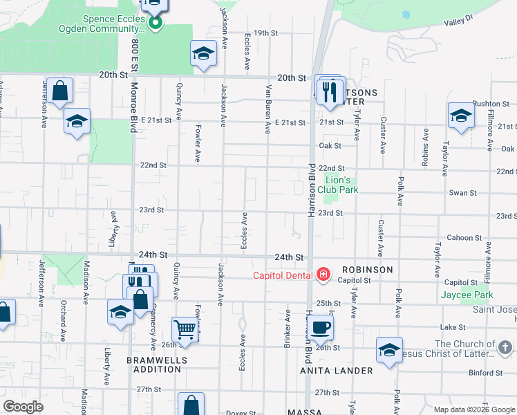 map of restaurants, bars, coffee shops, grocery stores, and more near 1077 23rd Street in Ogden