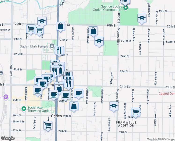 map of restaurants, bars, coffee shops, grocery stores, and more near in Ogden