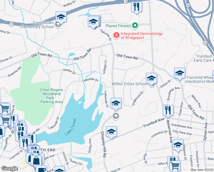 map of restaurants, bars, coffee shops, grocery stores, and more near 15 Eastway Road in Bridgeport