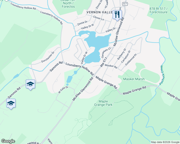 map of restaurants, bars, coffee shops, grocery stores, and more near 801 County Road 517 in Vernon Township
