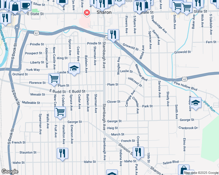 map of restaurants, bars, coffee shops, grocery stores, and more near 619 Stambaugh Avenue in Sharon