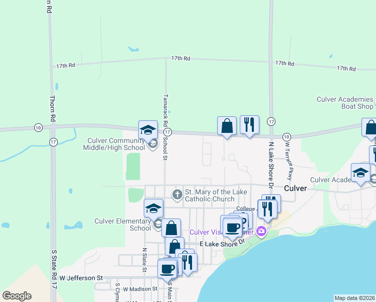 map of restaurants, bars, coffee shops, grocery stores, and more near 736 School Street in Culver