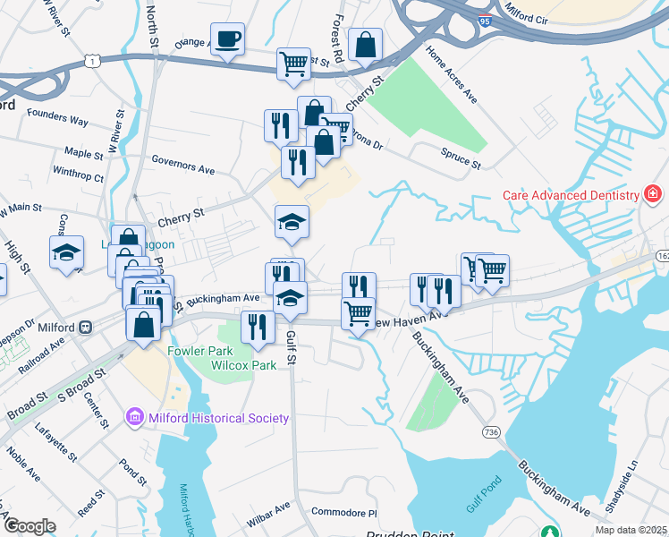 map of restaurants, bars, coffee shops, grocery stores, and more near 108 Gulf Street in Milford