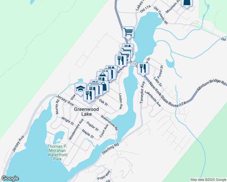 map of restaurants, bars, coffee shops, grocery stores, and more near 9 Walnut Street in Greenwood Lake