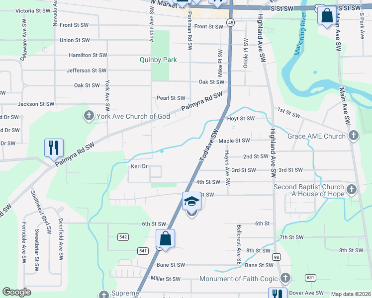map of restaurants, bars, coffee shops, grocery stores, and more near 1050 Tod Avenue Southwest in Girard