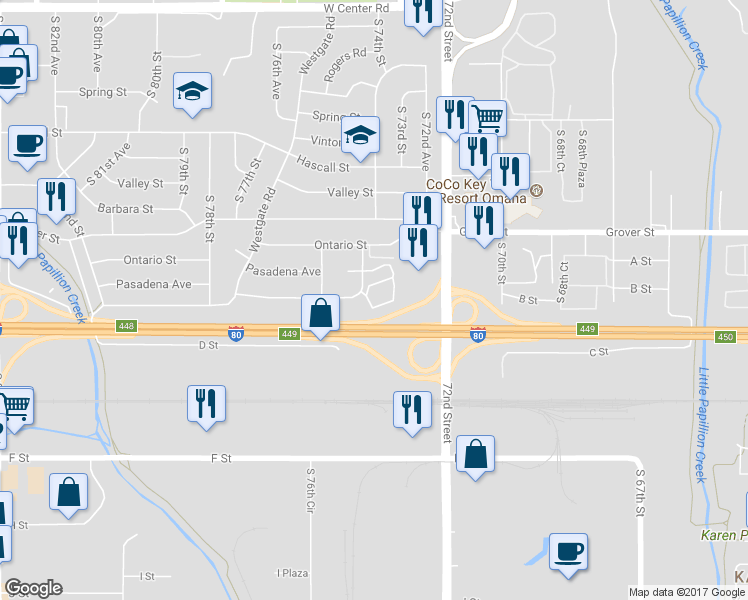 map of restaurants, bars, coffee shops, grocery stores, and more near 3725 South 74th Street in Omaha