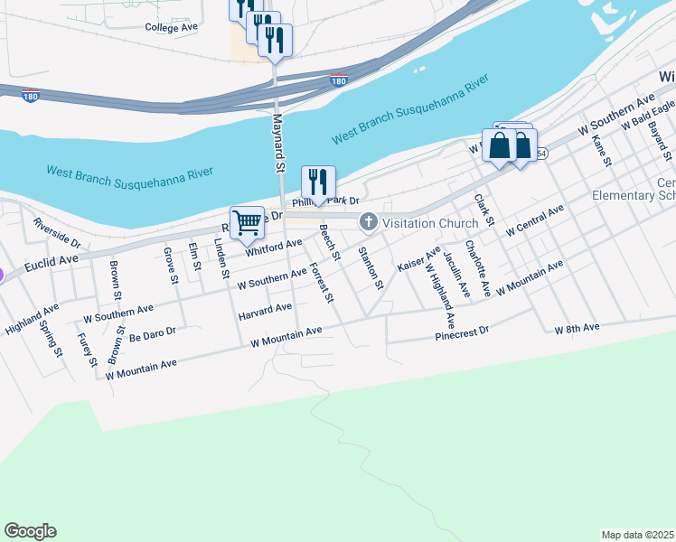 map of restaurants, bars, coffee shops, grocery stores, and more near Blackbird Alley in South Williamsport
