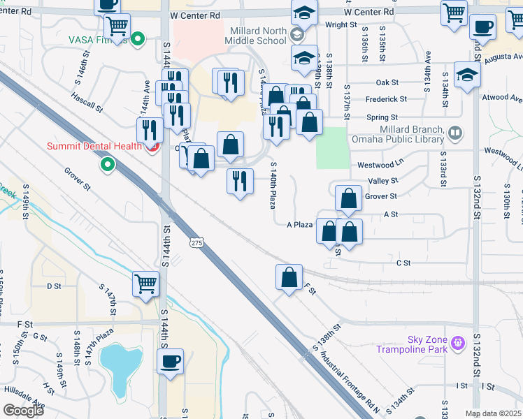map of restaurants, bars, coffee shops, grocery stores, and more near 3351 Oak View Drive in Omaha