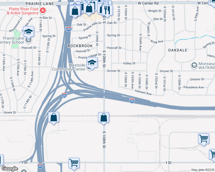 map of restaurants, bars, coffee shops, grocery stores, and more near 3705 South 108th Street in Omaha