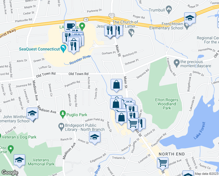 map of restaurants, bars, coffee shops, grocery stores, and more near 4699 Main Street in Bridgeport