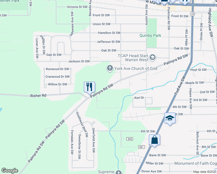 map of restaurants, bars, coffee shops, grocery stores, and more near 1784 Palmyra Road Southwest in Warren