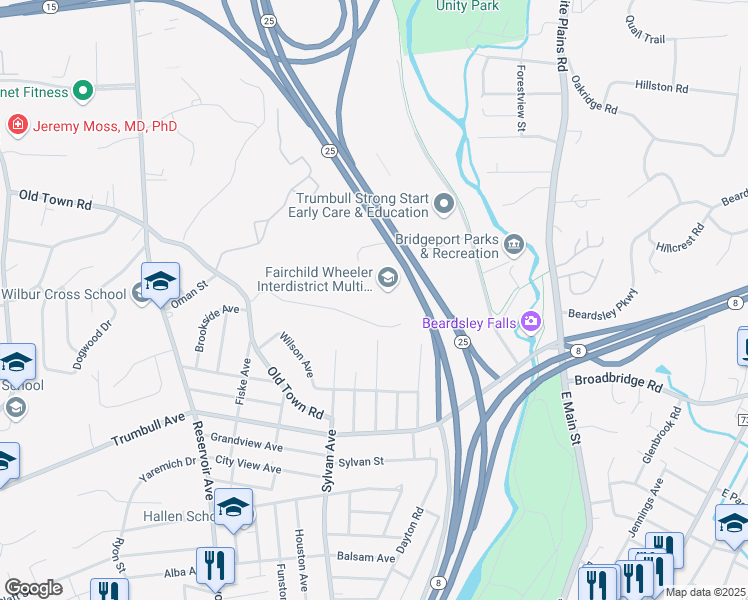 map of restaurants, bars, coffee shops, grocery stores, and more near 840 Old Town Road in Bridgeport
