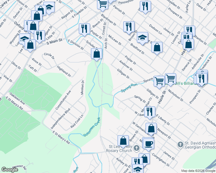 map of restaurants, bars, coffee shops, grocery stores, and more near 110-198 West Liberty Street in Wilkes-Barre