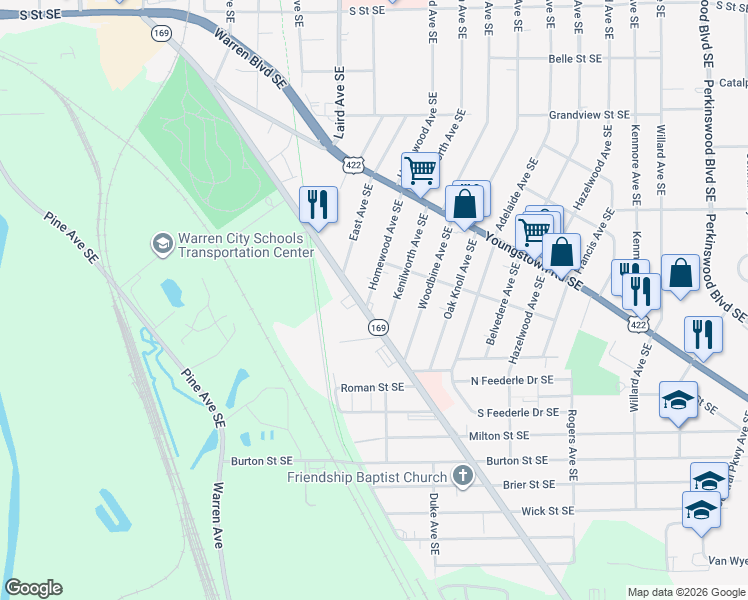 map of restaurants, bars, coffee shops, grocery stores, and more near 1639 Niles Road Southeast in Warren