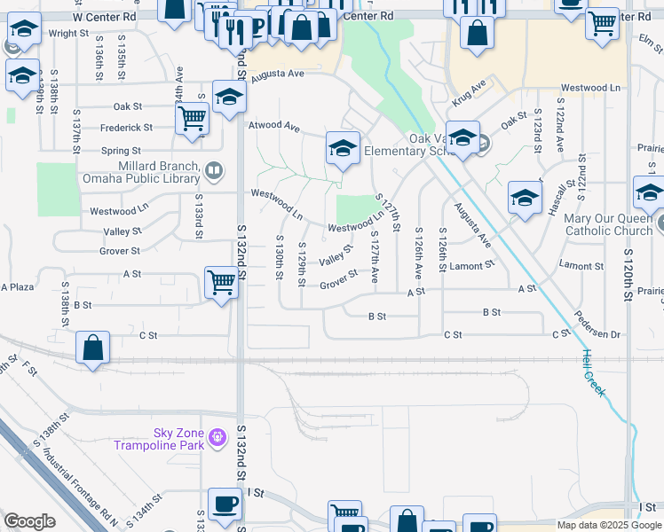 map of restaurants, bars, coffee shops, grocery stores, and more near 12798 Grover Street in Omaha