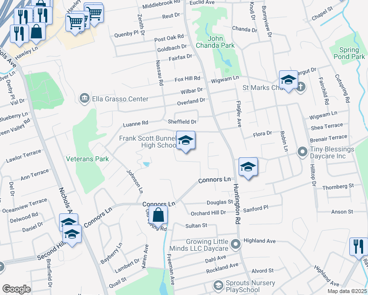 map of restaurants, bars, coffee shops, grocery stores, and more near 1 Bulldog Boulevard in Stratford