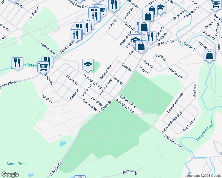 map of restaurants, bars, coffee shops, grocery stores, and more near 67 Graham Avenue in Wilkes-Barre
