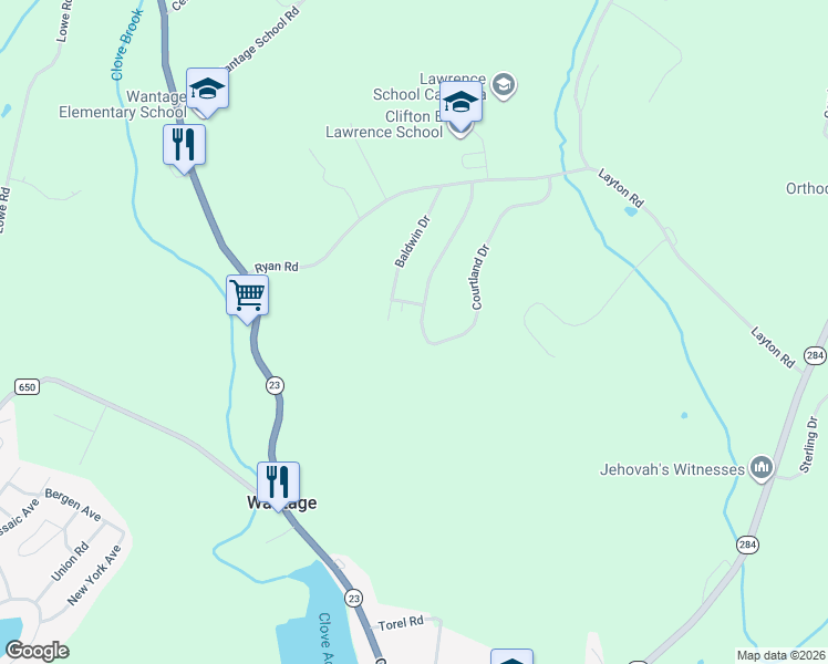 map of restaurants, bars, coffee shops, grocery stores, and more near 19 Courtland Drive in Wantage