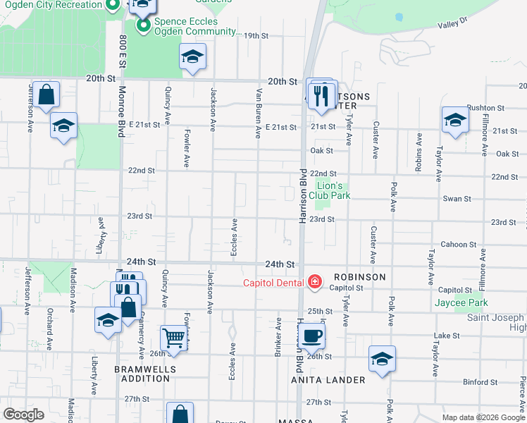 map of restaurants, bars, coffee shops, grocery stores, and more near 1077 23rd Street in Ogden
