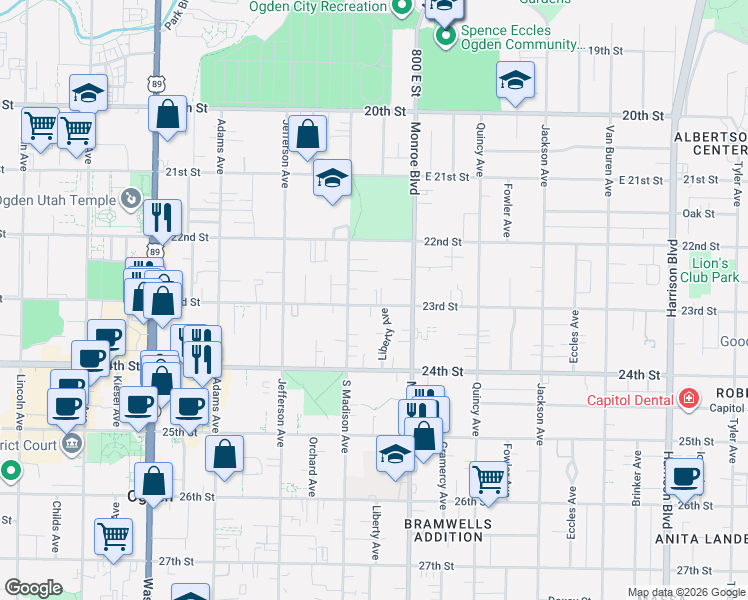 map of restaurants, bars, coffee shops, grocery stores, and more near 705 23rd Street in Ogden
