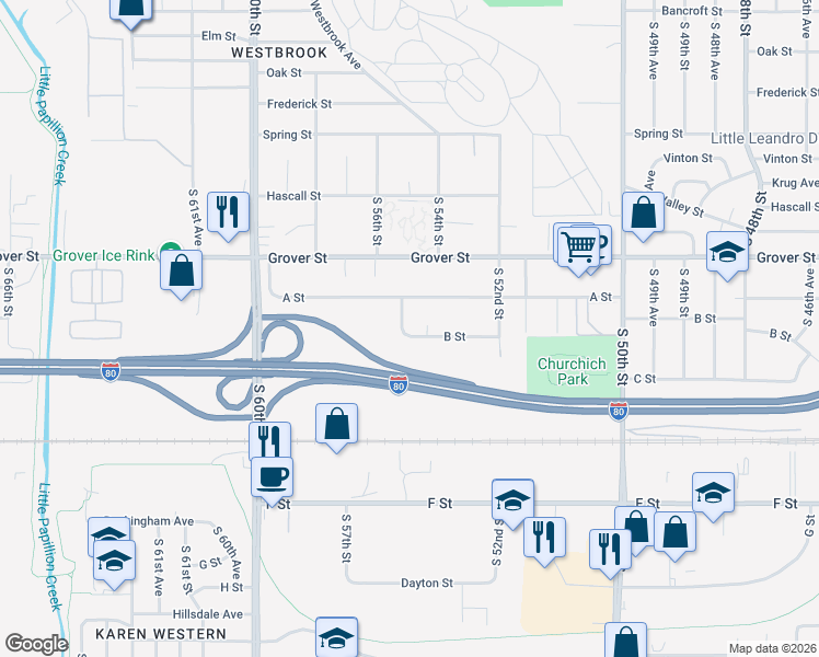 map of restaurants, bars, coffee shops, grocery stores, and more near 5441 1/2 B Street in Omaha