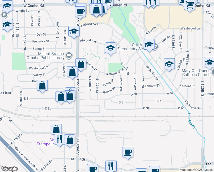 map of restaurants, bars, coffee shops, grocery stores, and more near 12798 Grover Street in Omaha
