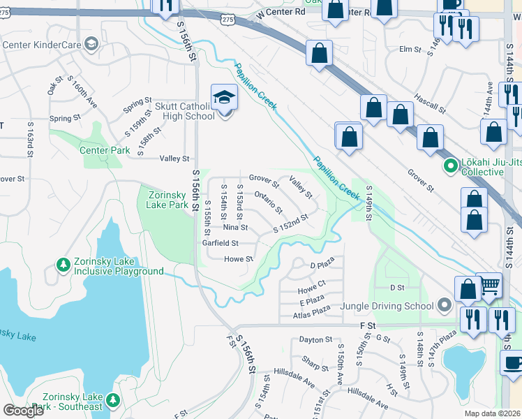 map of restaurants, bars, coffee shops, grocery stores, and more near 15228 Pasadena Avenue in Omaha
