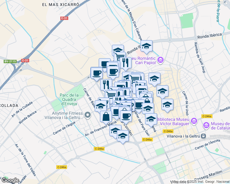 map of restaurants, bars, coffee shops, grocery stores, and more near 74 Carrer de Sant Onofre in Vilanova i la Geltrú