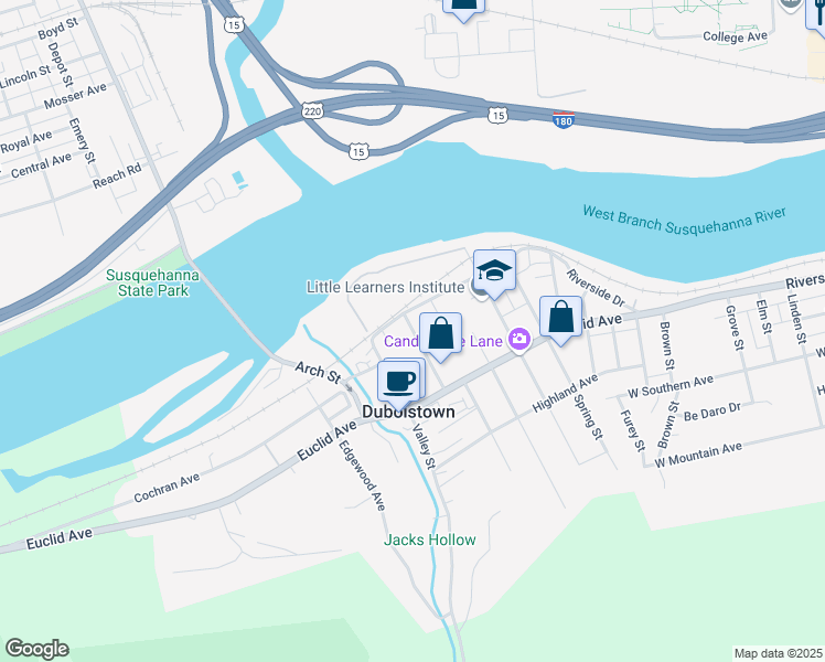 map of restaurants, bars, coffee shops, grocery stores, and more near 120 Shaffer Street in Williamsport