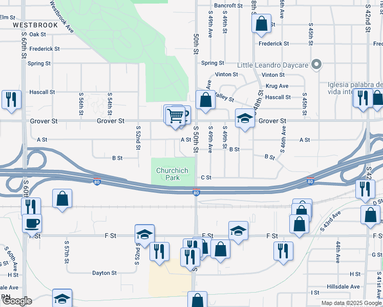 map of restaurants, bars, coffee shops, grocery stores, and more near 3610 South 50th Street in Omaha