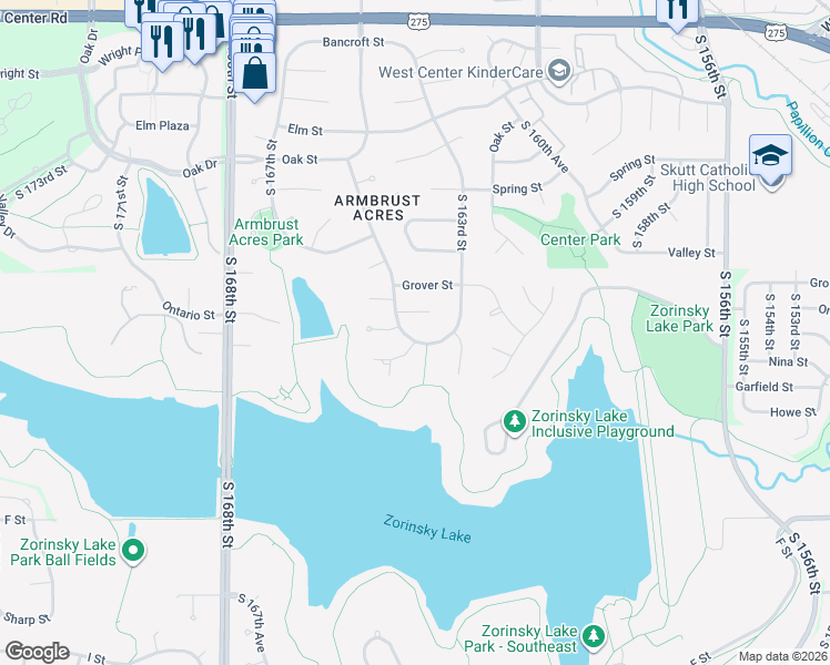 map of restaurants, bars, coffee shops, grocery stores, and more near 16325 C Street in Omaha