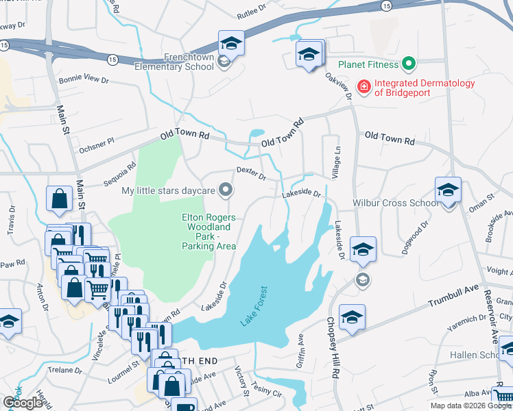 map of restaurants, bars, coffee shops, grocery stores, and more near 599 Lakeside Drive in Bridgeport