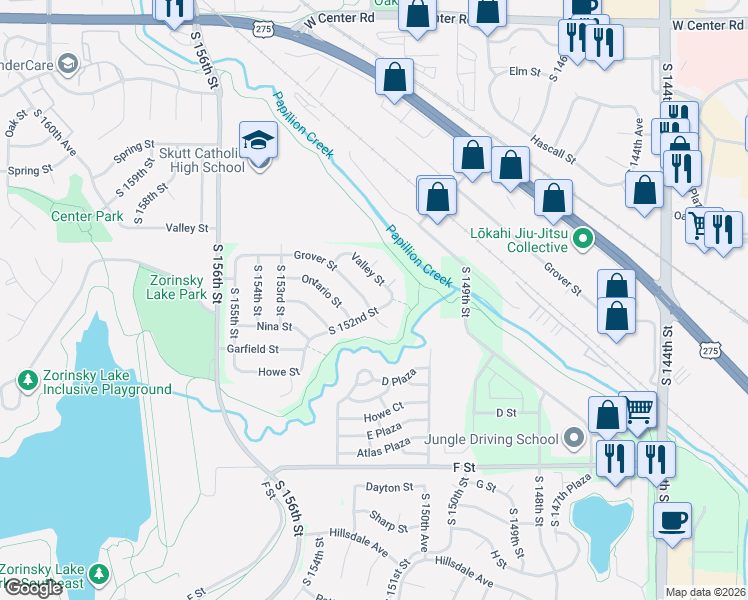 map of restaurants, bars, coffee shops, grocery stores, and more near 15201 Grover Street in Omaha