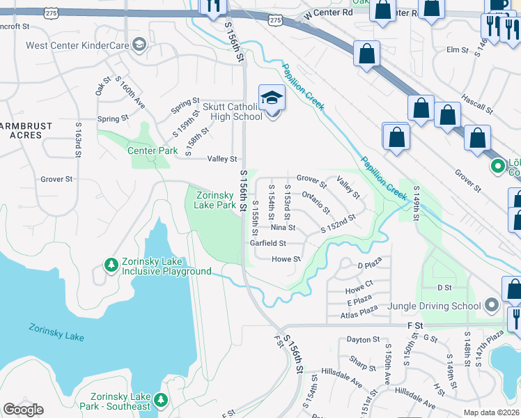 map of restaurants, bars, coffee shops, grocery stores, and more near 3716 South 155th Street in Omaha