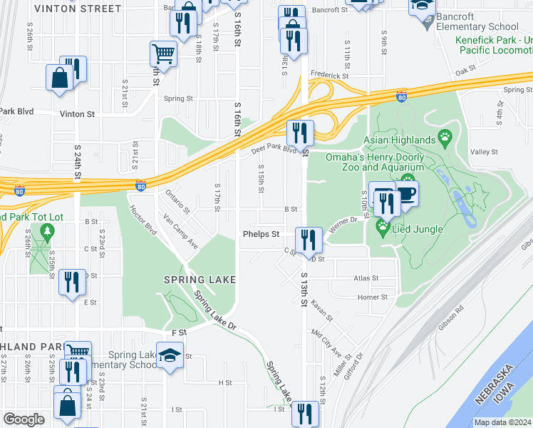 map of restaurants, bars, coffee shops, grocery stores, and more near 1421 B Street in Omaha