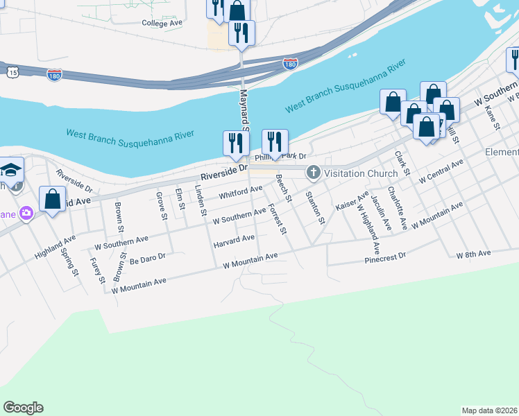 map of restaurants, bars, coffee shops, grocery stores, and more near Blackbird Alley in South Williamsport
