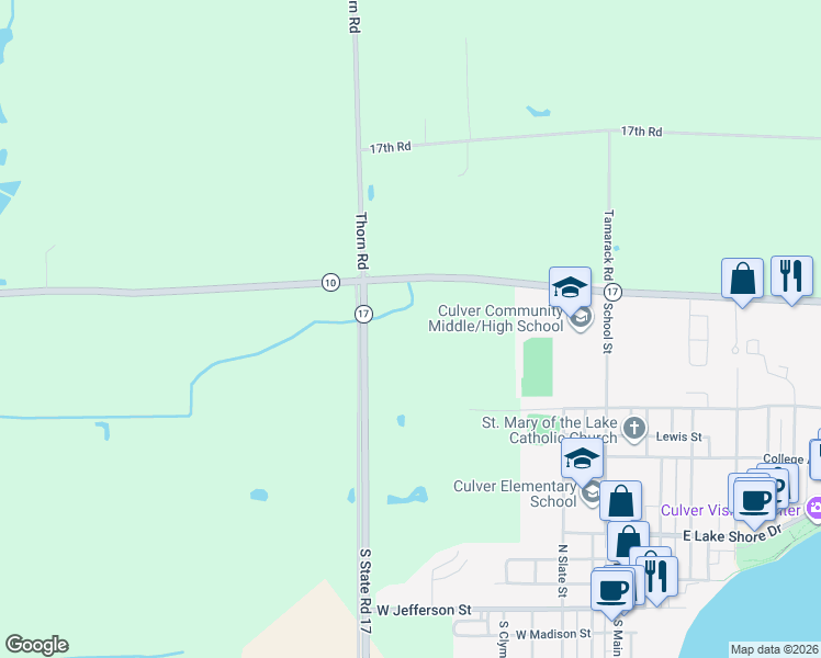 map of restaurants, bars, coffee shops, grocery stores, and more near 17390 South State Road 17 in Culver