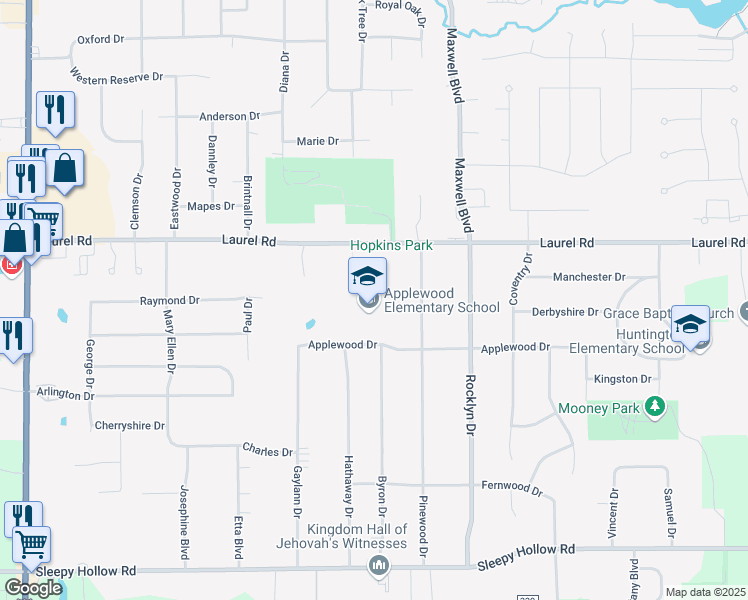 map of restaurants, bars, coffee shops, grocery stores, and more near 3891 Applewood Drive in Brunswick