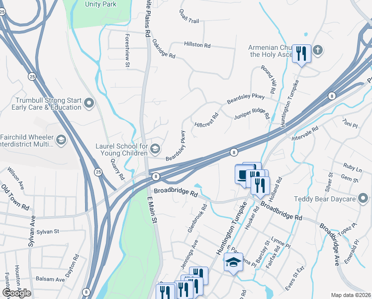 map of restaurants, bars, coffee shops, grocery stores, and more near 131 Beardsley Parkway in Trumbull