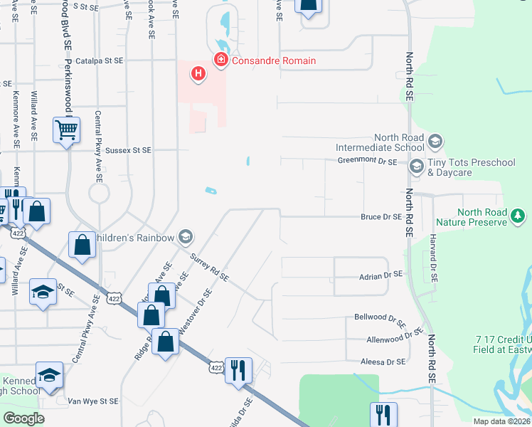 map of restaurants, bars, coffee shops, grocery stores, and more near 1055 Westover Drive Southeast in Warren