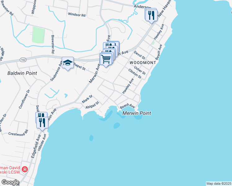 map of restaurants, bars, coffee shops, grocery stores, and more near 117 Hawley Avenue in Milford
