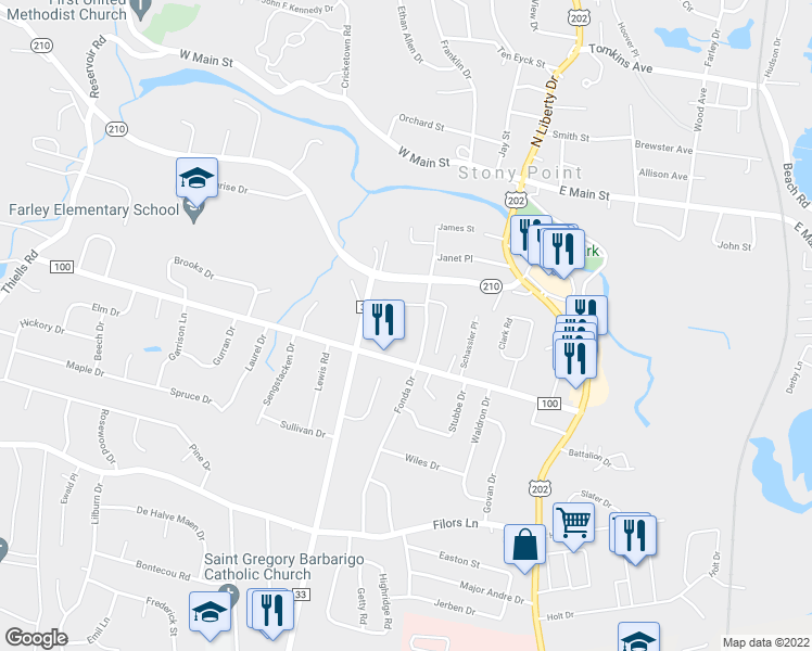 map of restaurants, bars, coffee shops, grocery stores, and more near 75 Washburns Lane in Stony Point