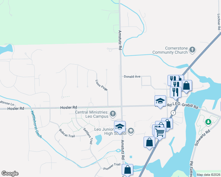 map of restaurants, bars, coffee shops, grocery stores, and more near 15025 Amstutz Road in Leo-Cedarville