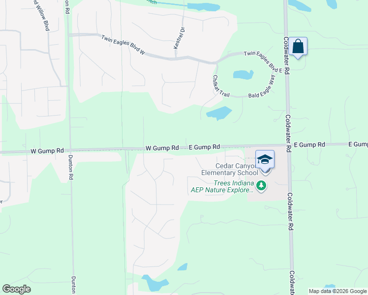 map of restaurants, bars, coffee shops, grocery stores, and more near 100 Gump Road East in Fort Wayne