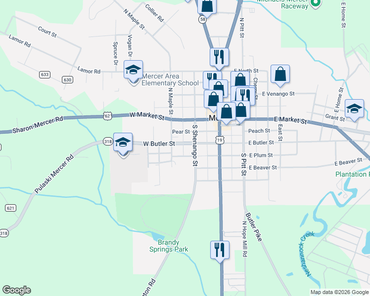 map of restaurants, bars, coffee shops, grocery stores, and more near West Plum Street in Mercer