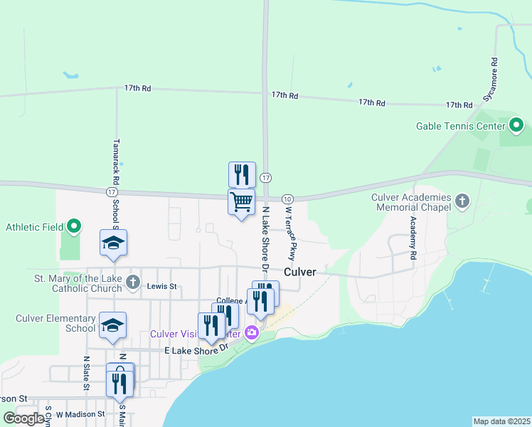 map of restaurants, bars, coffee shops, grocery stores, and more near 1105 N Lake Shore Dr in Culver