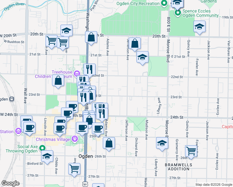 map of restaurants, bars, coffee shops, grocery stores, and more near 551 23rd Street in Ogden