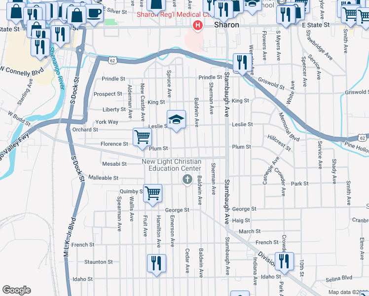 map of restaurants, bars, coffee shops, grocery stores, and more near 500 Cedar Avenue in Sharon