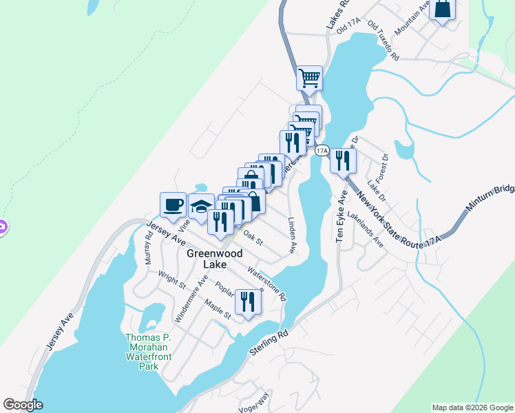 map of restaurants, bars, coffee shops, grocery stores, and more near 104 Windermere Avenue in Greenwood Lake