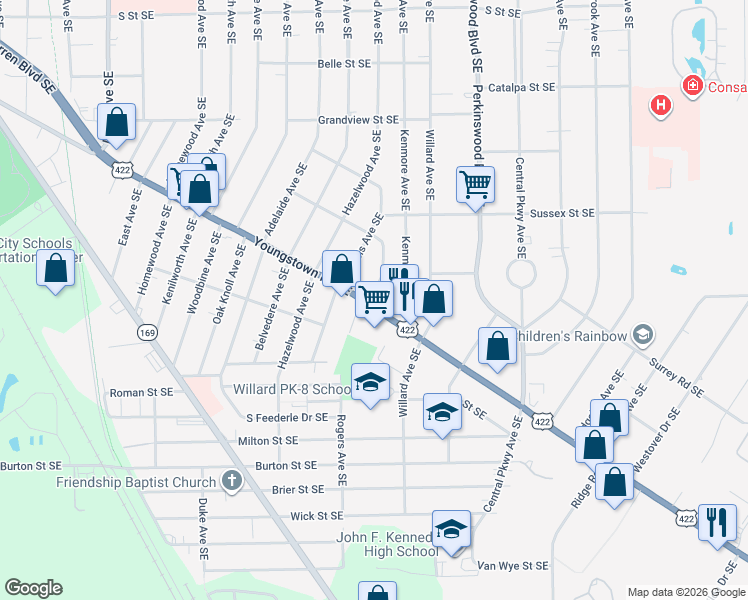 map of restaurants, bars, coffee shops, grocery stores, and more near 2374 Youngstown Road Southeast in Warren